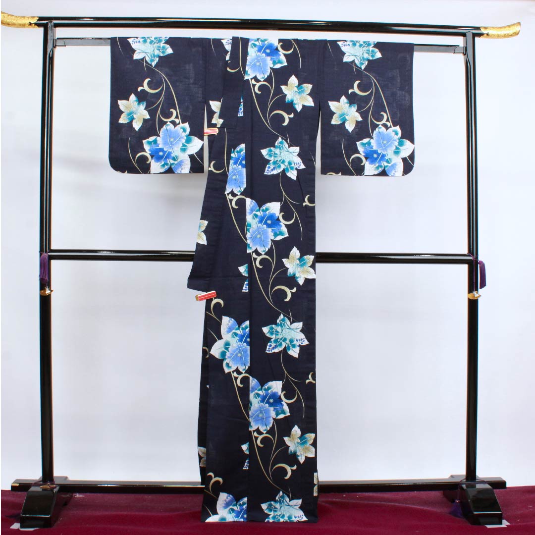 Yukata, dark blue, bush clover, maple leaves, chrysanthemum, arabesque cotton, S rank, single layer, length 167cm, sleeve length 67cm, navy blue, 1118004432518