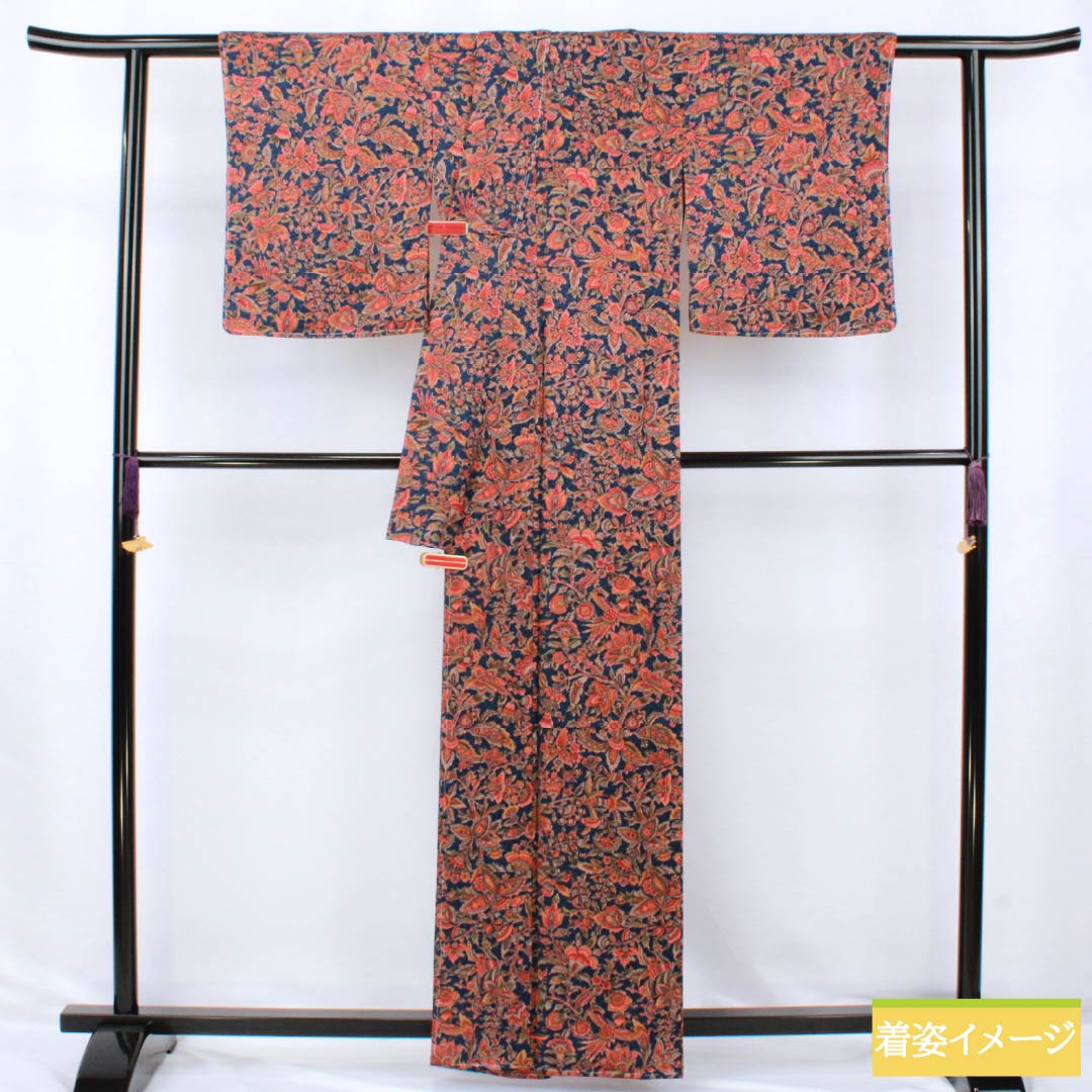 Komon (small pattern) silk, S rank, length 161cm, sleeve length 62.5cm, lined, tetsubudou-iro (grape-colored) chintz, navy blue with basting thread, product number 1115007142418