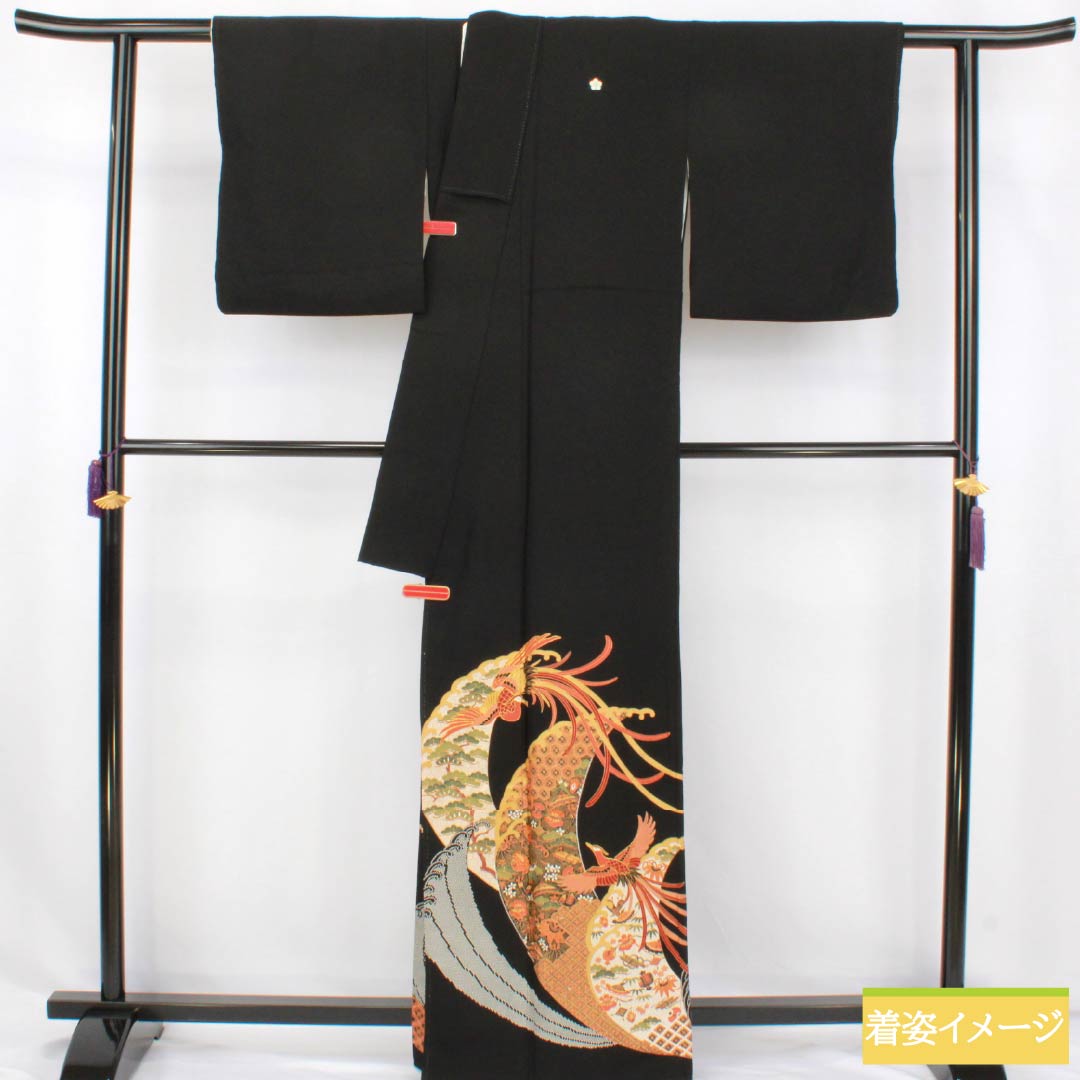 黒留袖 正絹 Aランク 身丈163cm 裄丈66cm 袷 京友禅 五つ紋 桔梗 鳳凰 立浪 宝尽くし 松 五つ紋 黒系 1111002123410
