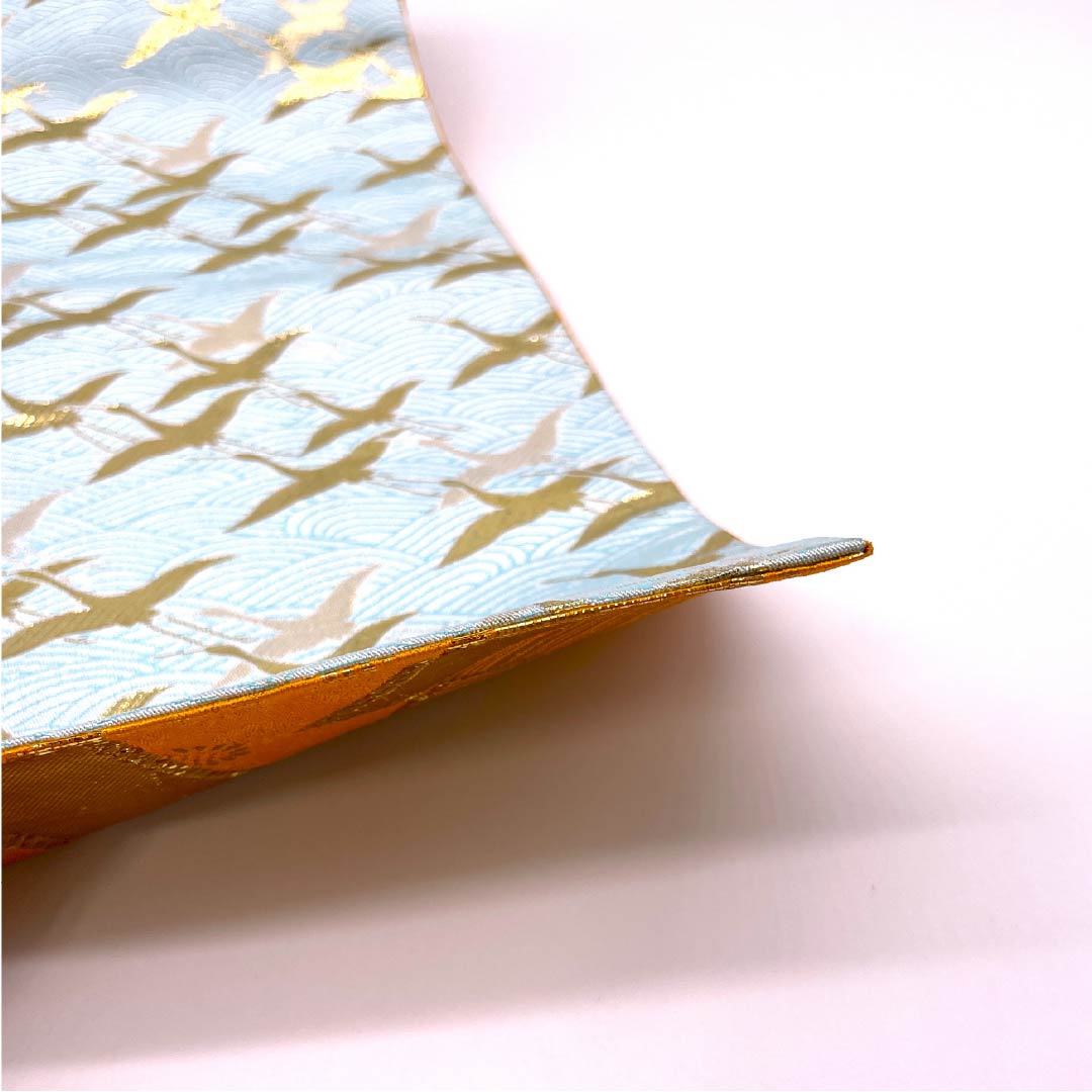 Half-width obi (obi), polyester, Kamenozoki (bottle-peeping) color, crane, Seigaiha (wave pattern), bundled noshi (noshi) design, reversible, length 344cm, light blue, rank S, product number 1125002072324