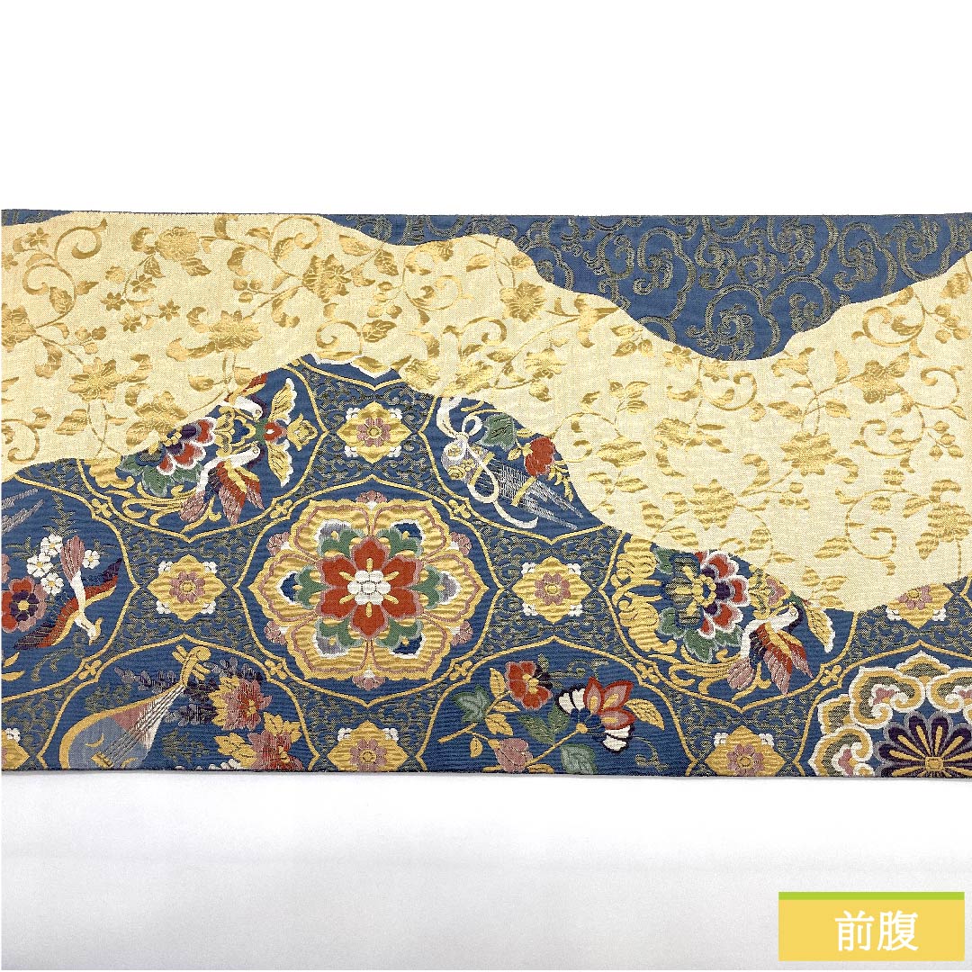 Fukuro Obi (back color) Ogi Orimono Flower pattern Phoenix Gagaku Obi length 424cm Pure silk S rank Six-pass Formal Blue 1123010612317