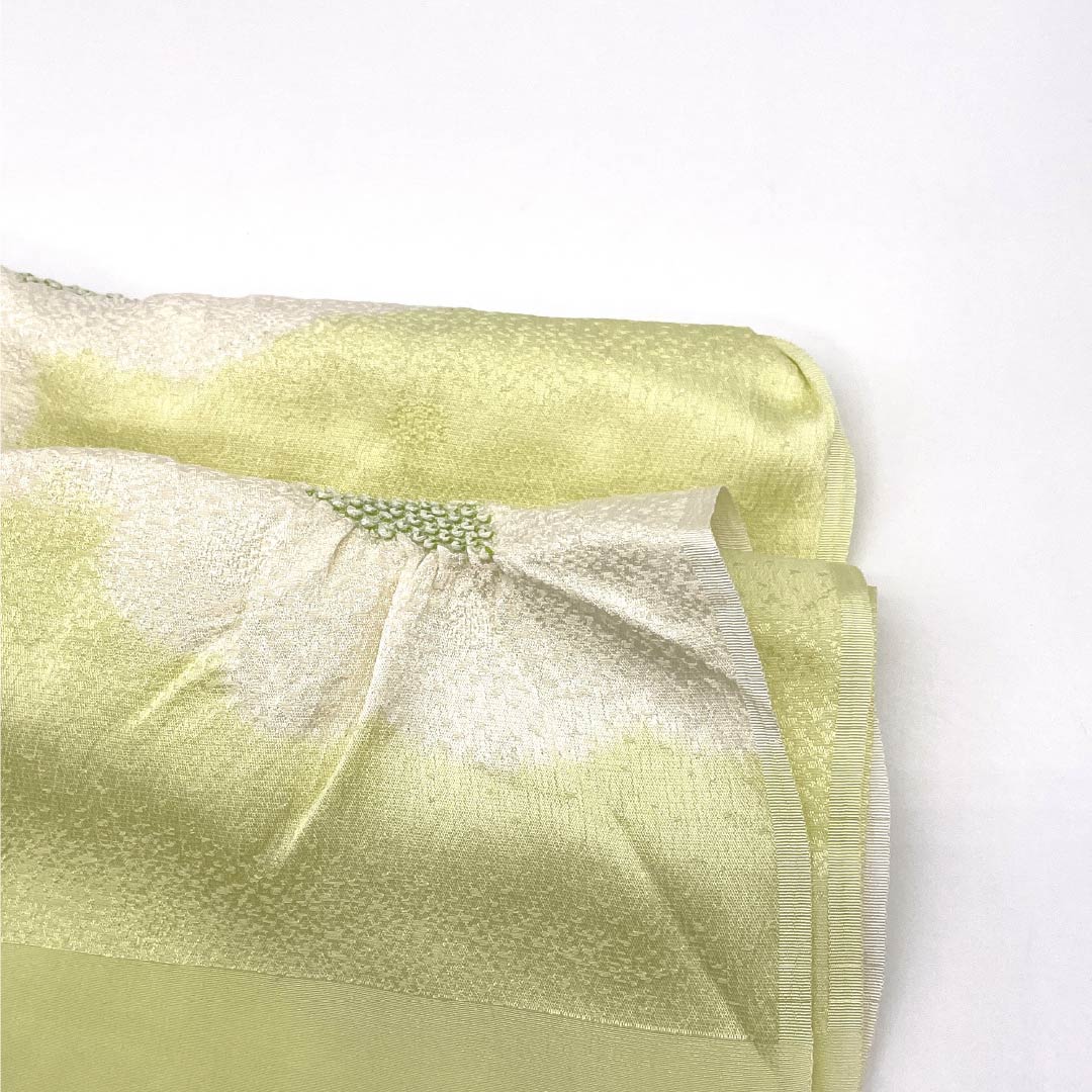 Semi-formal obiage (sash sash), pure silk, S-rank, sulfur-colored, shibori (dyed sash), floral pattern, approximately 160cm long, 29cm wide, green, product number 1136002332919