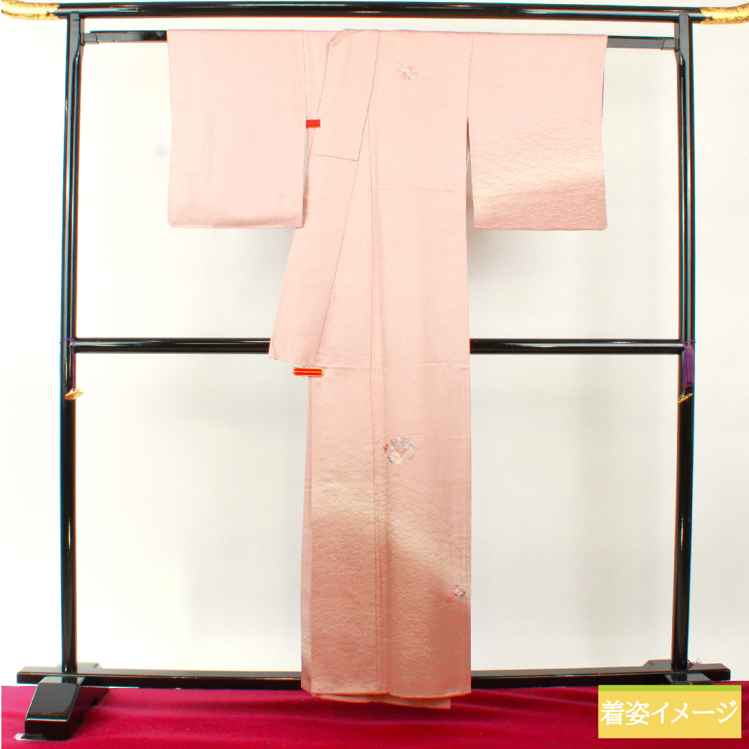 訪問着 正絹 袷 身丈158.5cm 裄丈64.5cm 今様色(いまよういろ) 付下げ 京友禅 刺繍 一つ紋 沢瀉 Aランク ピンク系 1112004633313