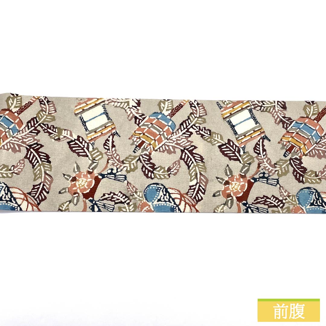 Nagoya Obi, Pure Silk, Grade A, Sobakiri (Soba-kiri Color), Stencil Dyed with Bingata-inspired Abstract Floral Design, Length 340cm, Six-fold, Casual, Gray, Product Number 1124010443322, Nagoya Style