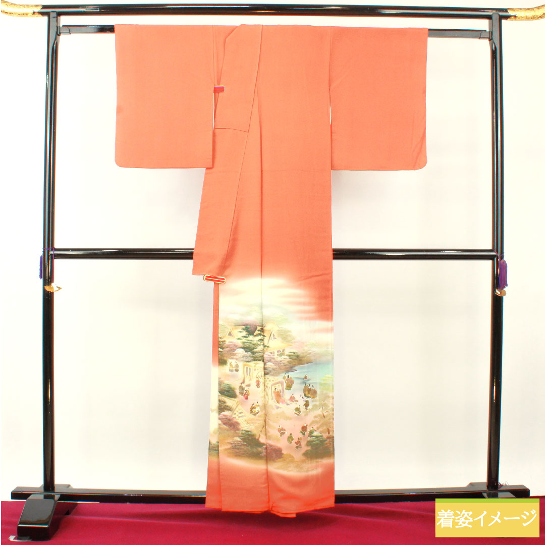 Colored Tomesode, pure silk, length 159.5cm, sleeve length 63cm, lined, red-orange, Kyoto Yuzen, historical figures and landscapes, one crest, sword and katabami, S rank, orange, 1111001422326