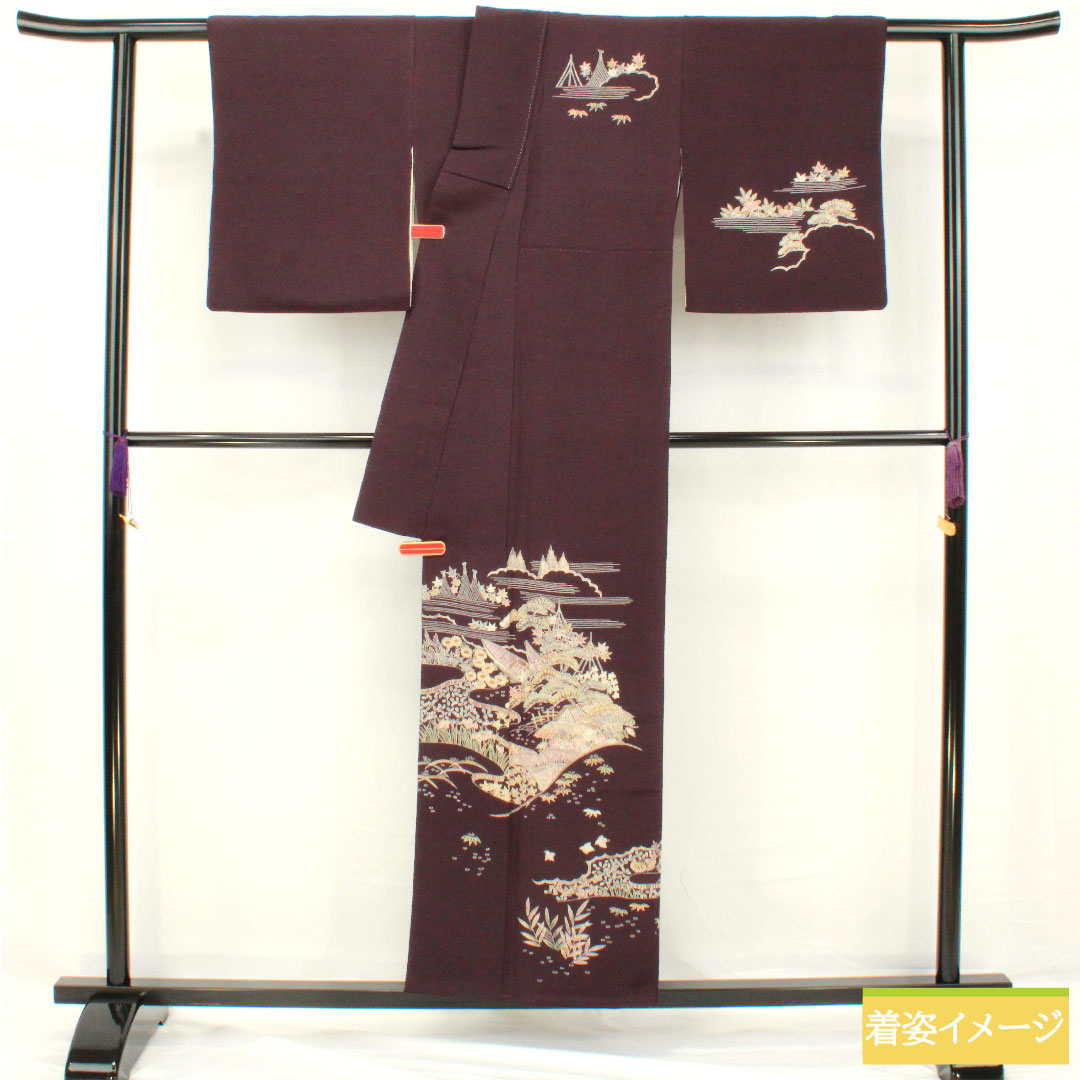 訪問着 正絹 袷 身丈154cm 裄丈62.5cm 茄子紺色(なすこんいろ) 京友禅 ちりめん地 吉祥文様 Aランク 紫系 1112005463220