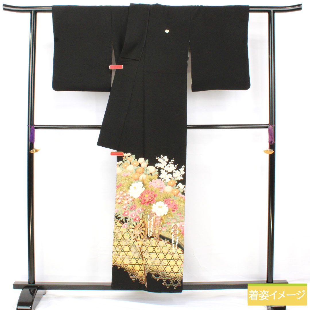 黒留袖 正絹 身丈155cm 裄丈63.5cm 袷 作家物 京友禅 花車 五つ紋 蔦 Bランク 黒系 1111001454310