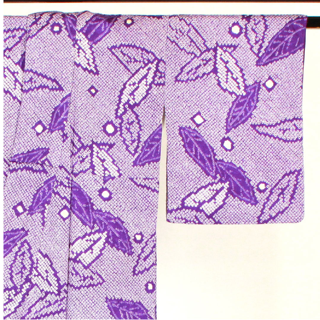 Komon, Length 158cm, Sleeve length 62cm, Awase, All tie-dye, Leaf pattern, Pure silk, A rank, Purple, 1115001883320