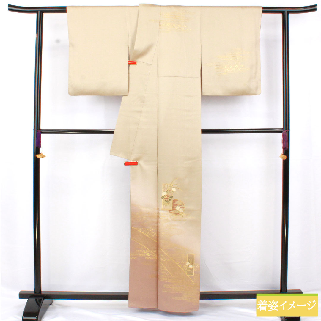 Homongi, pure silk, lined, length 161cm, sleeve length 61cm, white oak color, Kyoto Yuzen, auspicious pattern, A rank, gray, 1112005913422