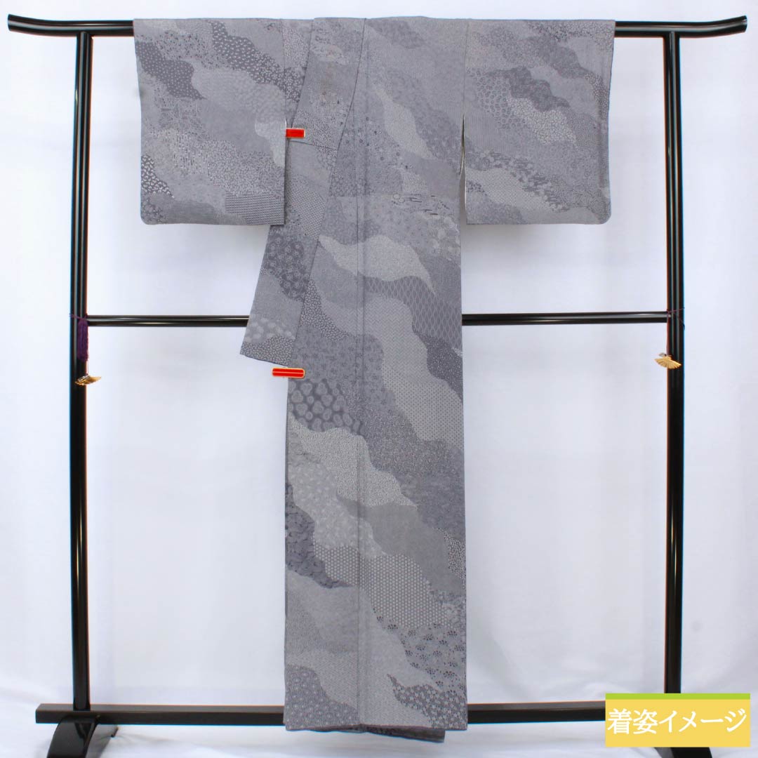 Visiting Kimono, Pure Silk, A-Rank, Lined, Length 155cm, Sleeve Length 64.5cm, Grape Gray (Budounezuiro) Color, Edo Komon Pattern, Stencil Dyed, Pearl Tone Finish, Auspicious Motifs, Purple, Product Number: 1112006183320