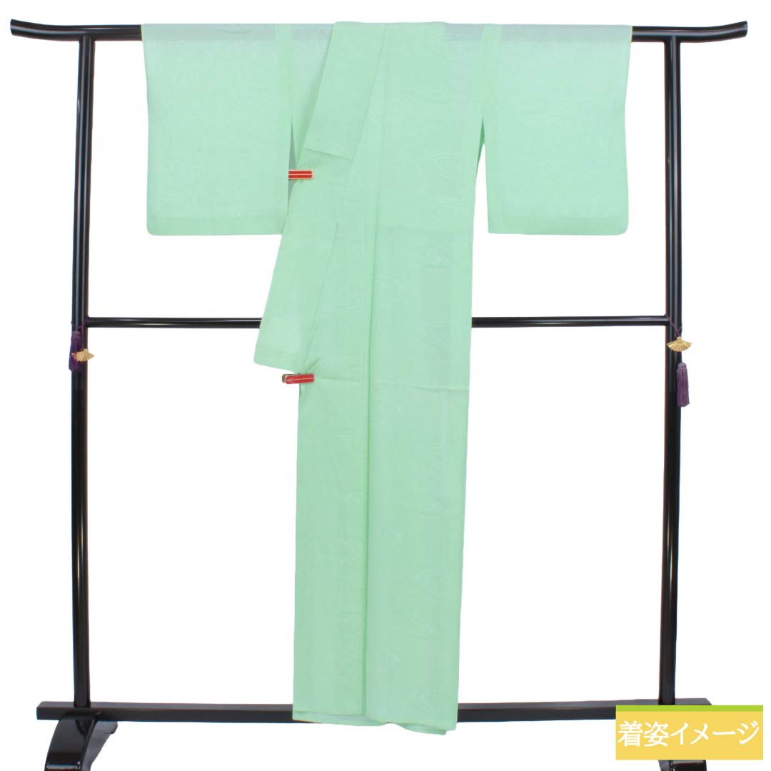 夏物 正絹 色無地 Aランク 身丈155.5cm 裄丈64cm 薄緑色(うすみどりいろ) 素無地 一つ紋 上り藤に一文字 絽 緑系 1132004743319