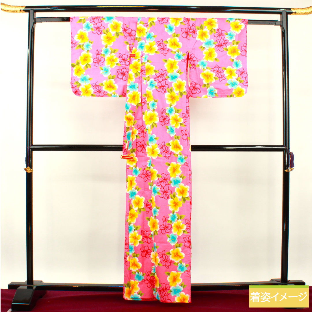 浴衣 木綿 身丈162cm 裄丈66.5cm Sランク 単衣 ピンク系 萩色(はぎいろ) ハイビスカス 1118005072413