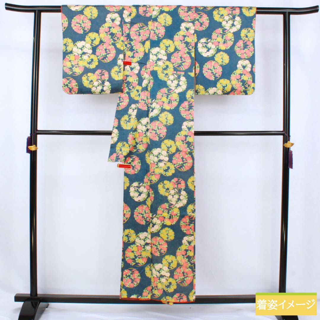 小紋 正絹 Aランク 身丈154cm 裄丈60cm 袷 紺色(こんいろ) 花丸紋 紺系 1115007693218