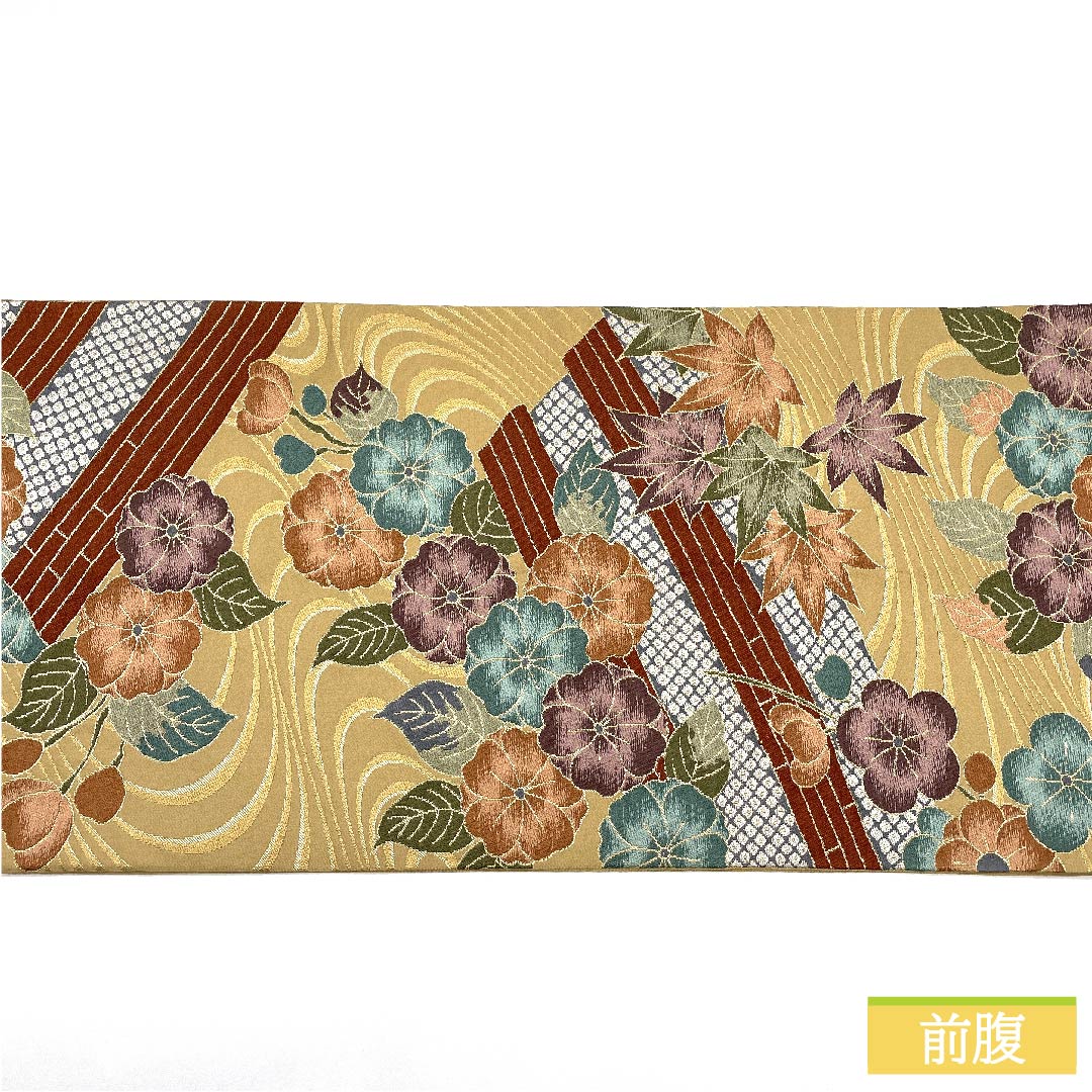 Fukuro Obi, pure silk, Yamabuki Nezuiro (Yamabuki gray), maple leaves, Shirayaen Oba, classic pattern, floral pattern, obi length 433cm, S rank, six-pass, formal, beige, 1123011322325