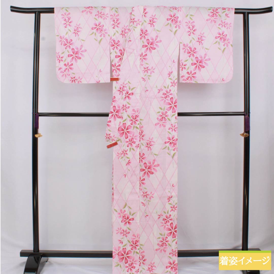 浴衣 木綿 身丈168.5cm 裄丈66cm Sランク 単衣 ピンク系 退紅色(あらそめいろ) 籠目 花 1118006322513