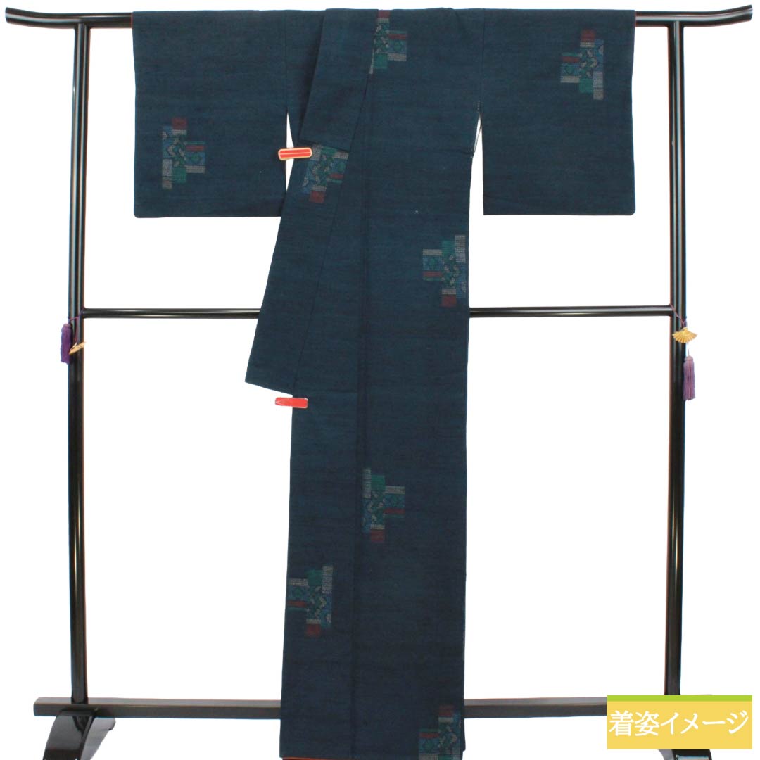 Tsumugi Silk S Rank Length 166cm Sleeve length 66cm Dark blue Mashiko Tsumugi Geometric pattern Lined Dark blue 1116005202518