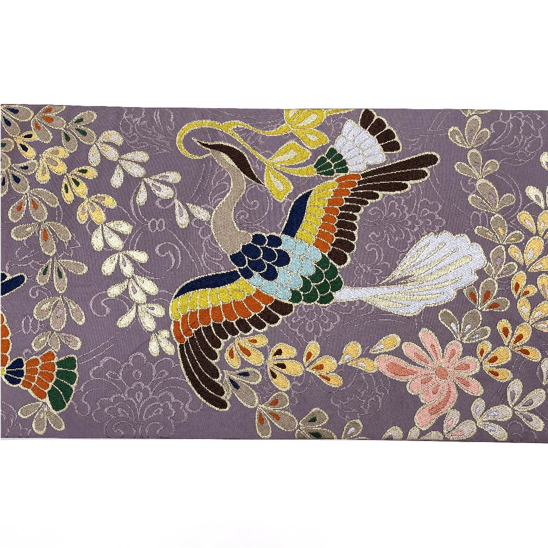 Fukuro Obi (light purple obi) for long-sleeved kimono, Shirayaen Oba, bird and flower, obi length 427cm, pure silk, S rank, six-pass, formal, purple, 1123009482320