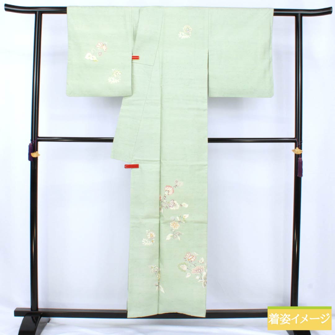 訪問着 正絹 Aランク 袷 身丈155cm 裄丈61cm 薄緑色(うすみどりいろ) 牛首紬 一つ紋 中陰蔦 草花 緑系 1112007533319