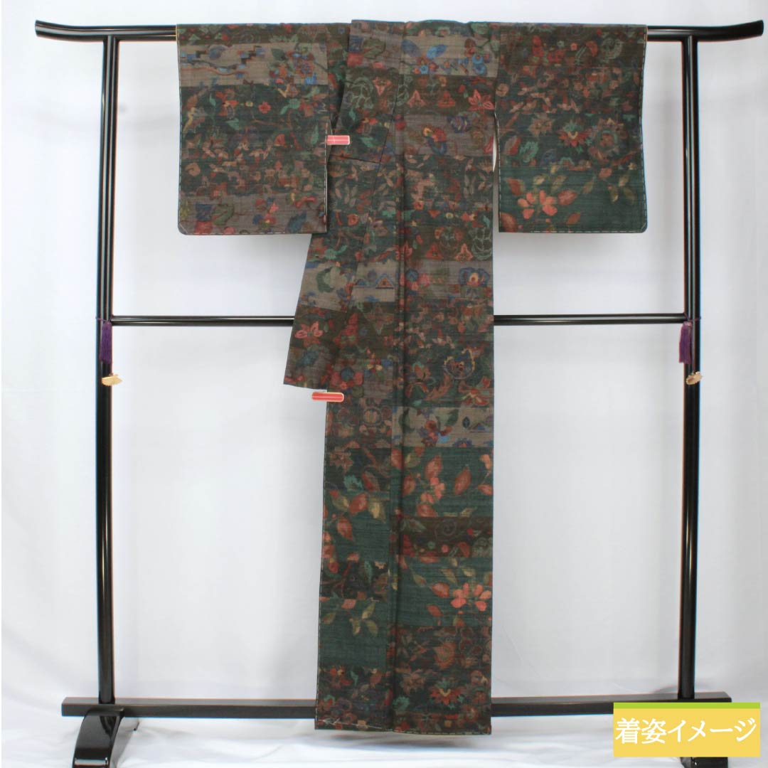 Pure silk tsumugi (pongee) with a horizontal stripe and abstract pattern, length 160.5cm, sleeve length 64cm, iron-colored, Ojiya tsumugi, grade A, lined, green, product number 1116003843419