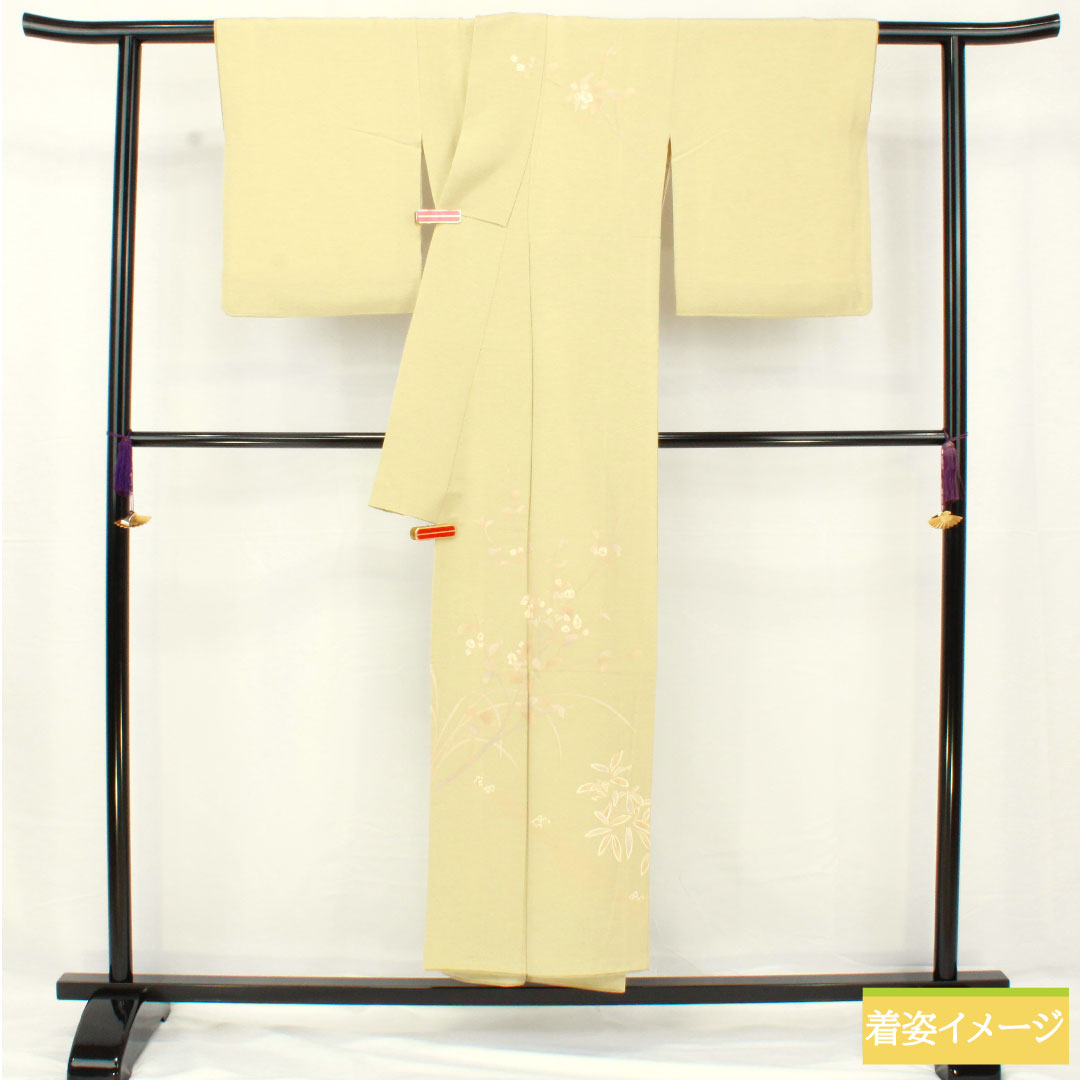 訪問着 正絹 袷 身丈151cm 裄丈61cm 硫黄色)いおういろ) 京友禅 草花模様 一つ紋 三ツ割藤 Aランク 緑系 1112005593219