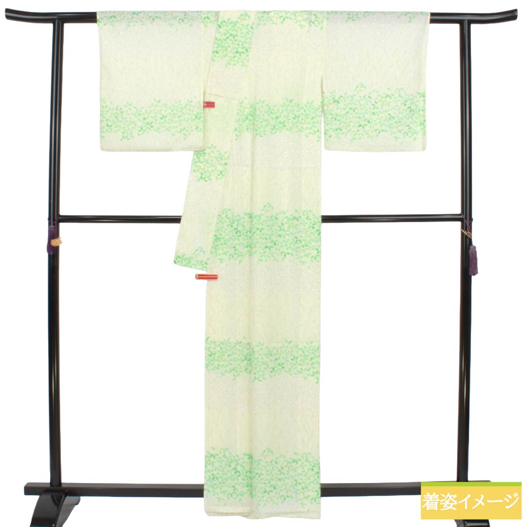 夏物 ポリエステル 小紋 Sランク 身丈161.5cm 裄丈64.5cm 乳白色(にゅうはくしょく) 型染 葉模様 横段 絽 白系 1132004952411