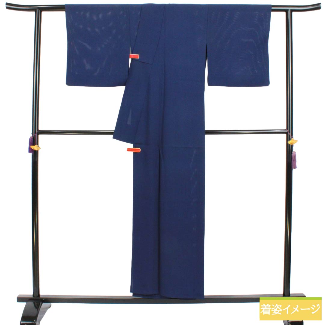 夏物 正絹 色無地 Aランク 身丈153.5cm 裄丈65cm 紺色(こんいろ) 素無地 丸に五三桐 一つ紋 絽 紺系 1132003493217
