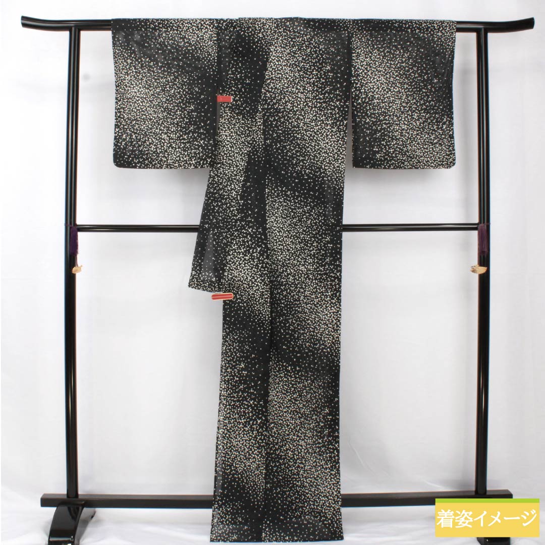 夏物 ポリエステル 小紋 身丈167cm 裄丈67cm ドット 洗える着物 絽 Sランク 黒系 1132001932510