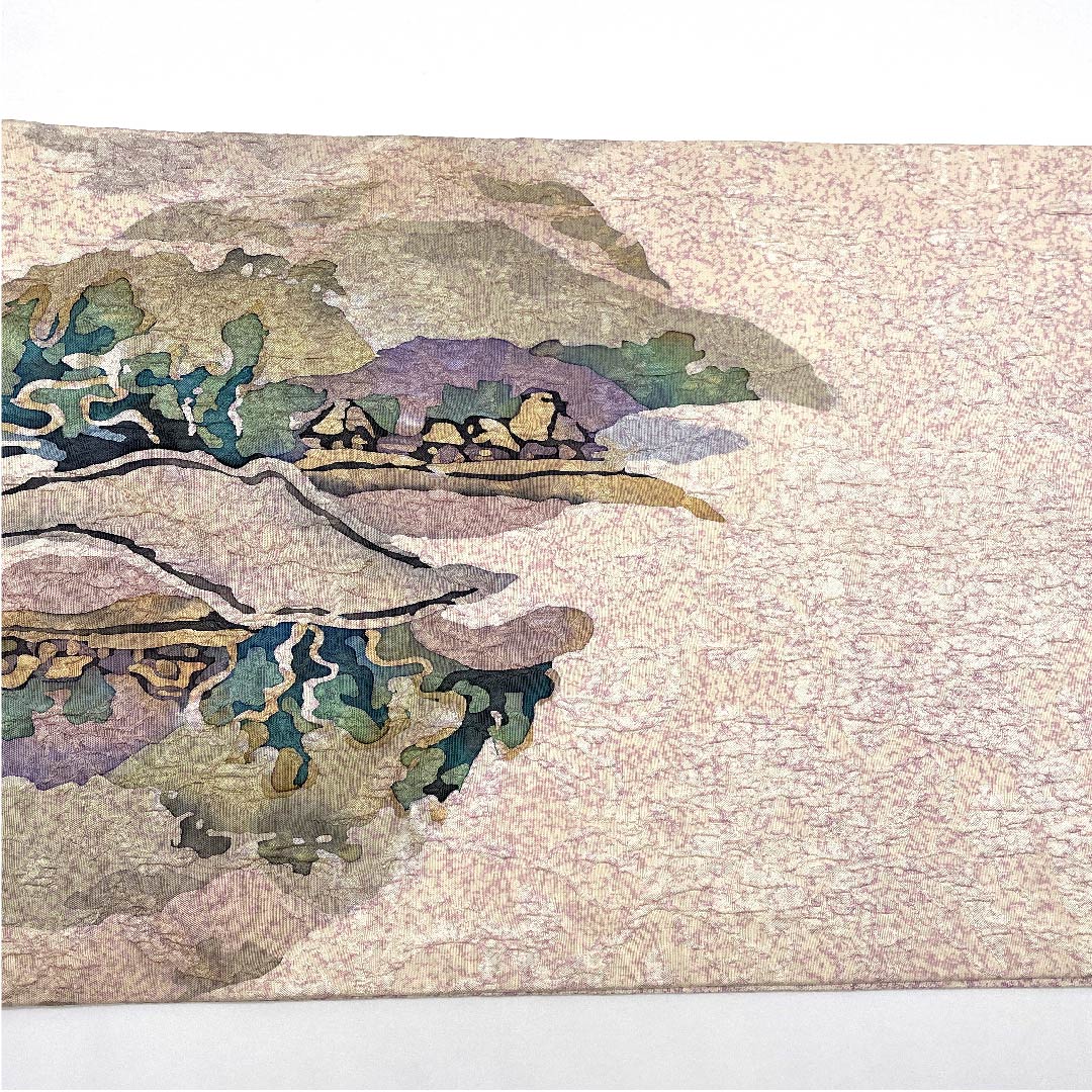Fukuro Obi (light cherry blossom color) Landscape painting Dyed obi Length 440.5cm Pure silk B rank Six-pass Casual Pink 1123005554313