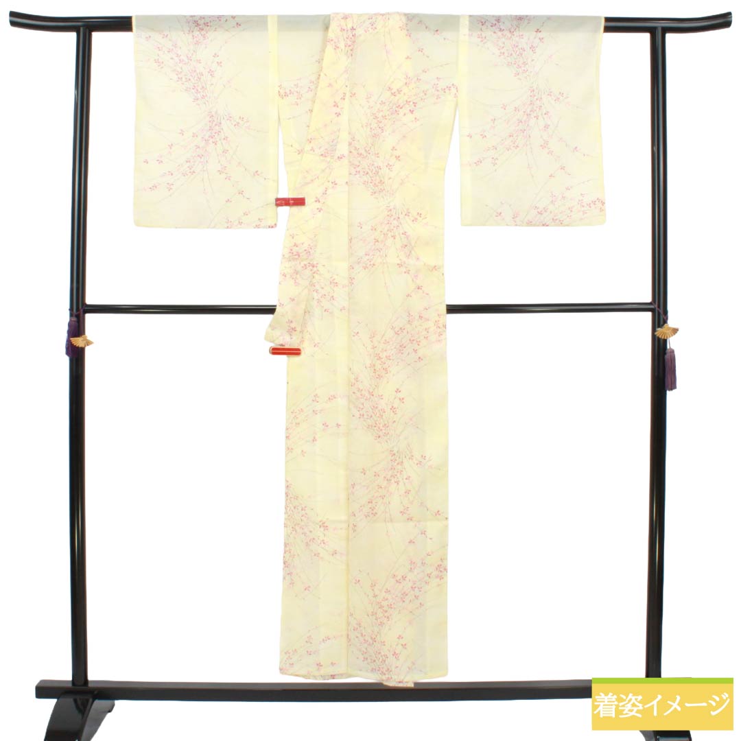 夏物 ポリエステル 小紋 Sランク 身丈151.5cm 裄丈66.5cm 白百合色(しらゆりいろ) 草花模様 居敷当て付き 絽 黄系 1132004492223