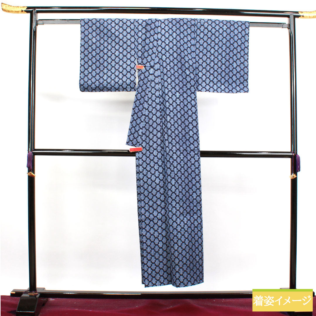 Yukata Cotton Length 149cm Sleeve length 61cm S rank Single layer Navy Deep navy Ripple Geometric pattern 1118004502118