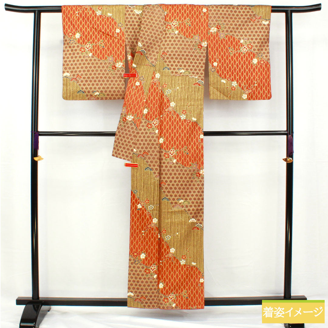 Homongi, pure silk, lined, length 157cm, sleeve length 63.5cm, Kyoto Yuzen, pine, bamboo and plum, S rank, brown, 1112005482314
