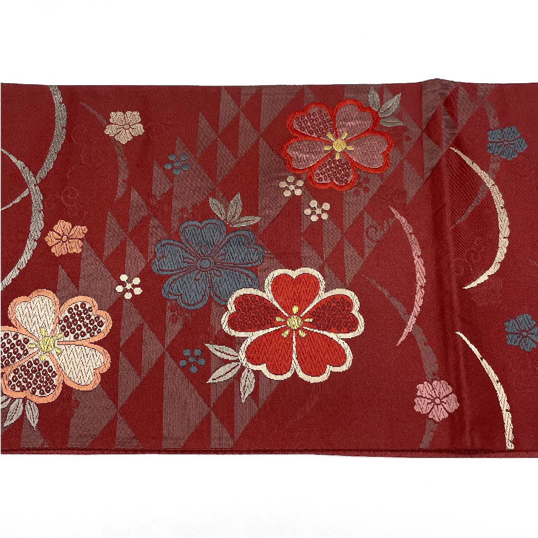 名古屋帯 京袋帯 深緋色 芝草 桜 鱗 唐草 帯丈381cm ポリ Sランク 六通 セミフォーマル 朱系 1124003322316 開き仕立て