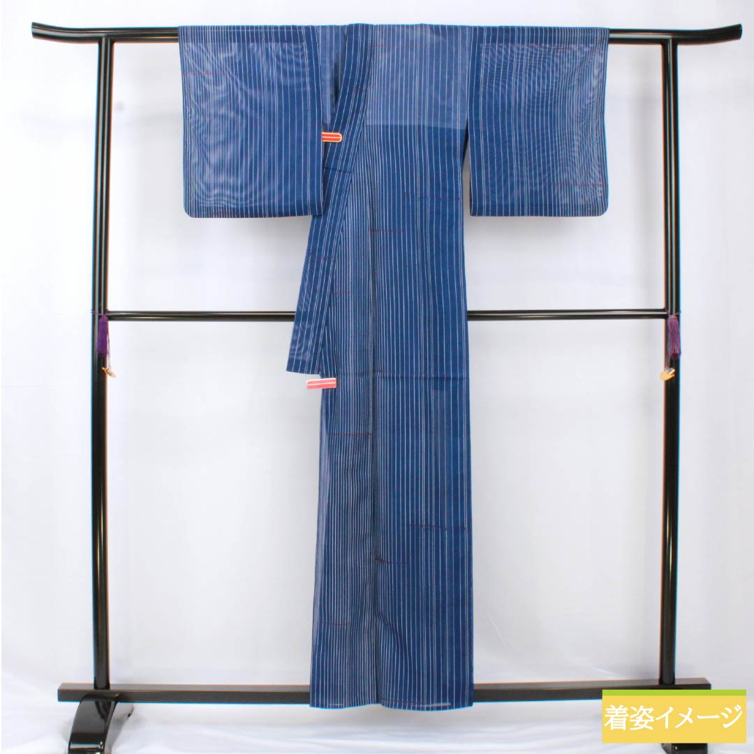 夏物 ポリエステル 小紋 身丈158cm 裄丈63.5cm 紺瑠璃色(こんるりいろ) 縞 線調子 洗える着物 絽 Aランク 青系 1132001963317