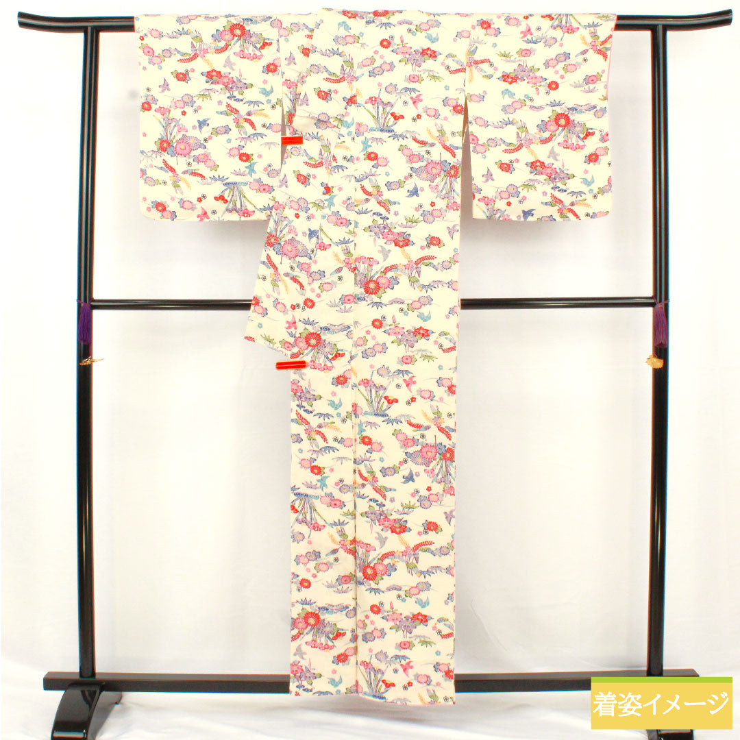 小紋 正絹 身丈157cm 裄丈64cm 袷 生成り色(きなりいろ) 京紅型 吉祥文様 Aランク クリーム系 1115004893315