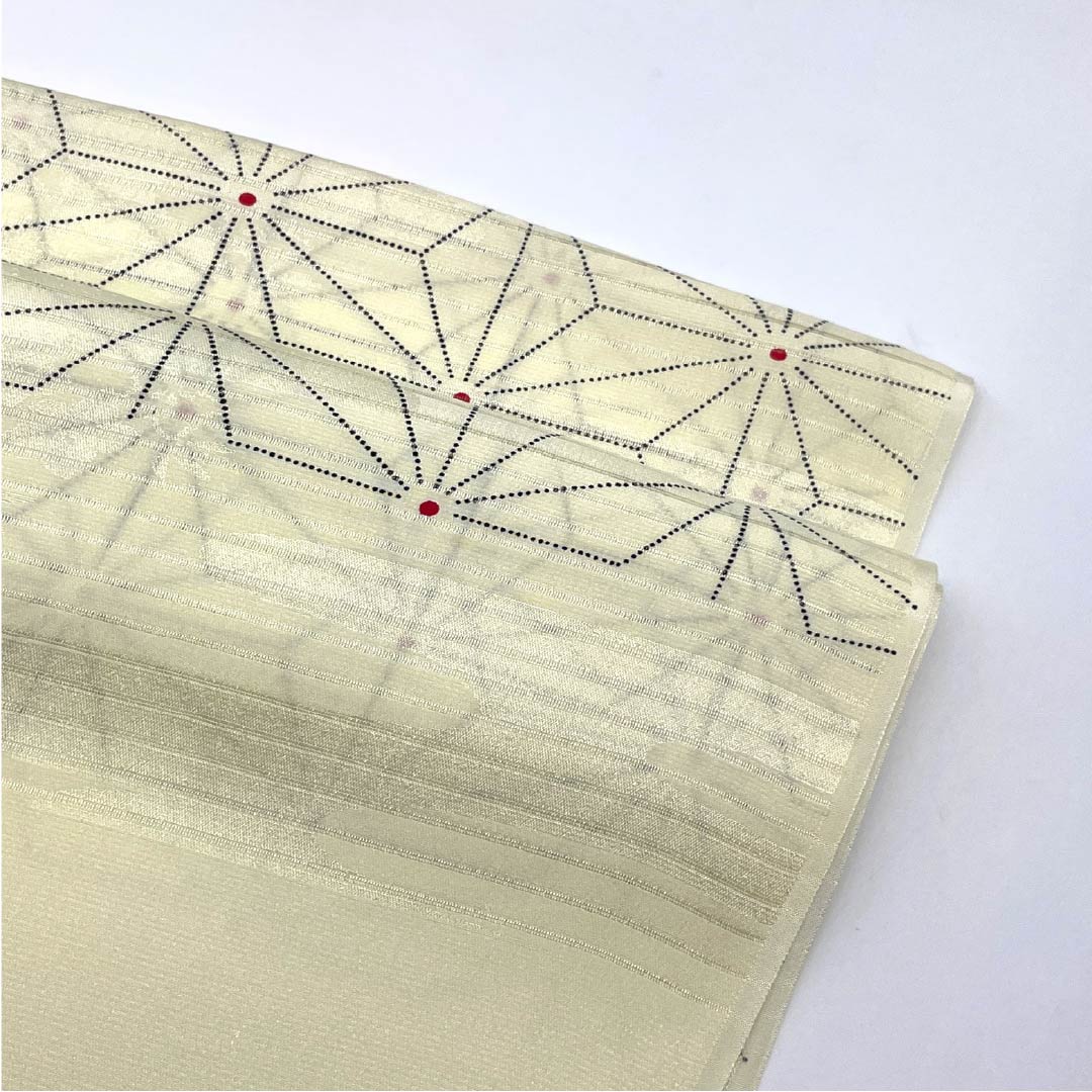 (New) Obiage, pure silk, semi-formal, gyoshikou-iro (fish roe yellow), summer, hemp leaf, classic pattern, length 174cm, width 29cm, new rank, cream color, 1136000791915