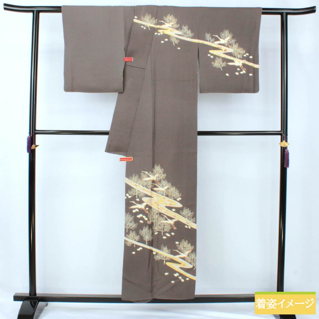 訪問着 正絹 Aランク 袷 身丈152cm 裄丈63.5cm 消炭色(けしずみいろ) 京友禅 一つ紋 陰上り藤 流水 鶴 グレー系 1112007203222