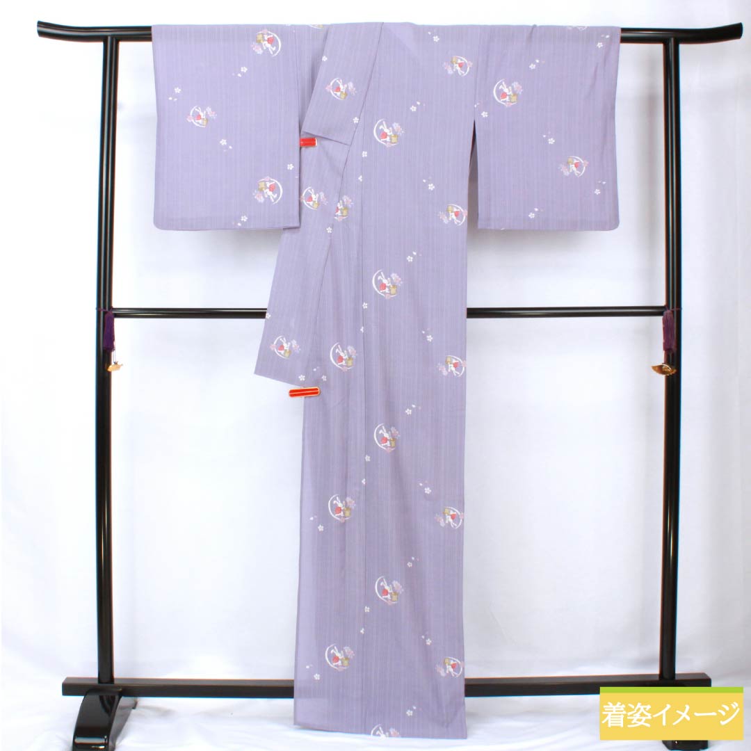 Summer kimono, polyester, small pattern, length 167cm, sleeve length 64.5cm, Beniminatoiro (beniminato-iro), moon-viewing rabbit, washable kimono, gauze, S rank, purple, 1132002172520