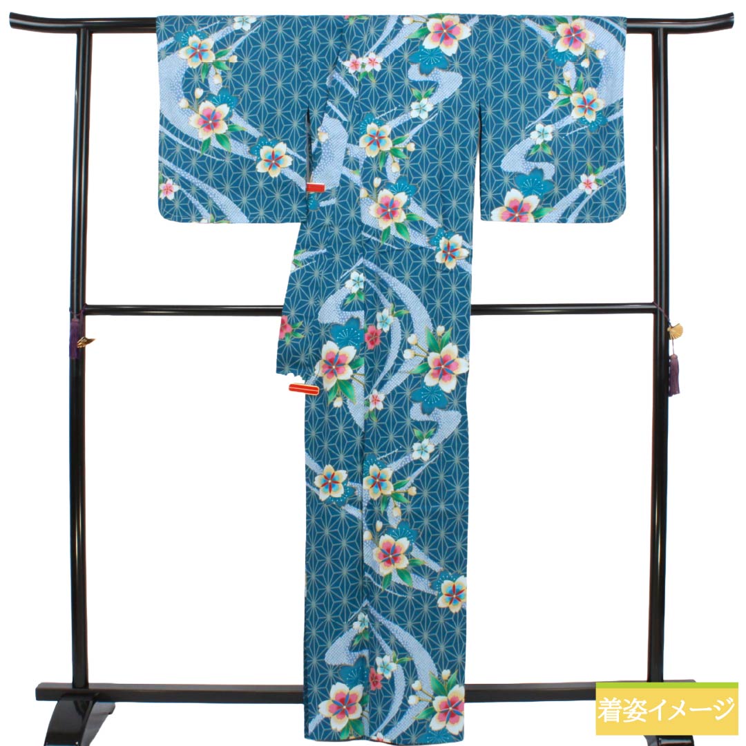 浴衣 木綿 Sランク 身丈165cm 裄丈67cm 藍色(あいいろ) 麻の葉 草花 流水 単衣 青系 1118006982517