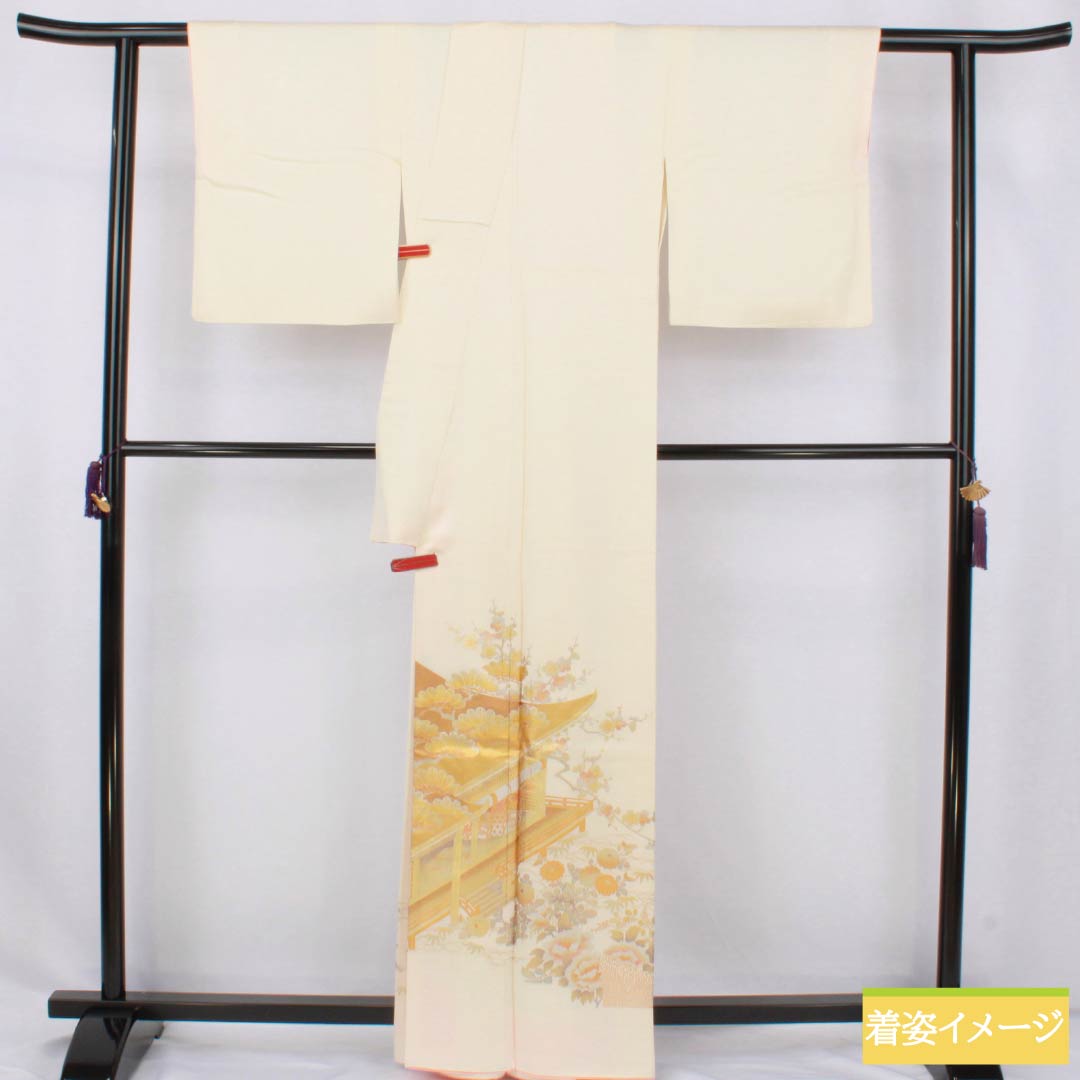 色留袖 正絹 Sランク 身丈160cm 裄丈60.5cm 袷 乳白色(にゅうはくしょく) 一つ紋 丸に木瓜 和田光正 金彩加工 時代風景模様 御所車 一つ紋 白系 1111002012411