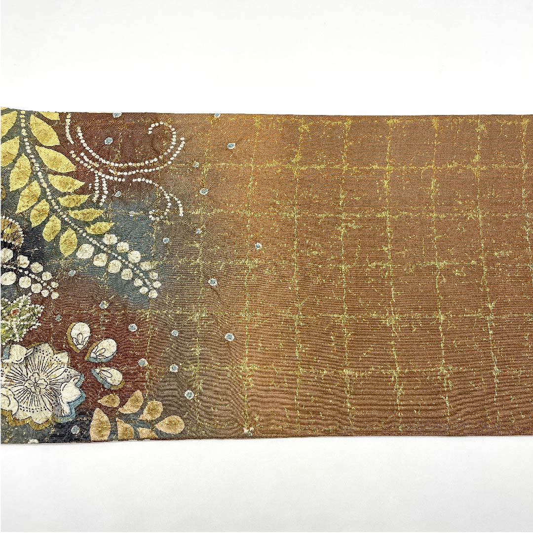 袋帯 駱駝色(らくだいろ) 辻ヶ花 ラメ 帯丈448cm 正絹 Aランク ポイント柄 フォーマル 茶系 1123005713314