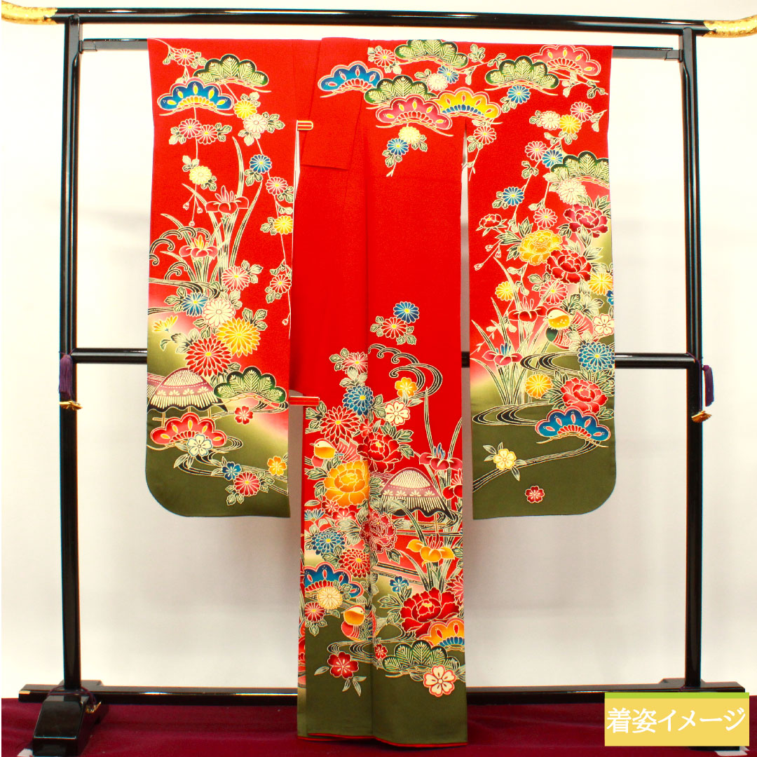 Furisode, pure silk, length 163cm, sleeve length 66.5cm, lined, scarlet, Kyoto Bingata, auspicious motif, S rank, red, 1113001852412