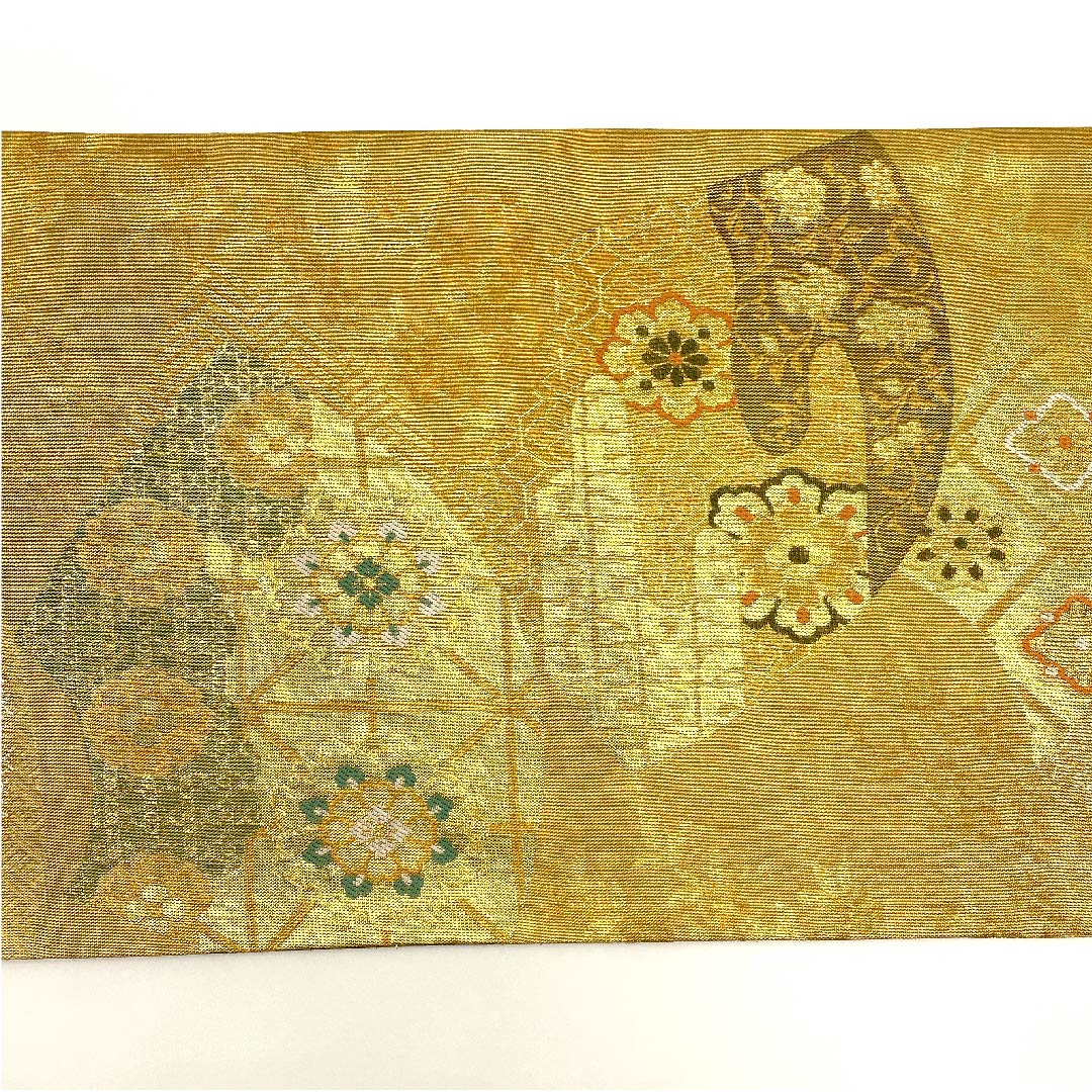 袋帯 金色 正倉院文様 宝相華 扇面 帯丈438cm 正絹 Aランク 六通 フォーマル 金系 1123002863321