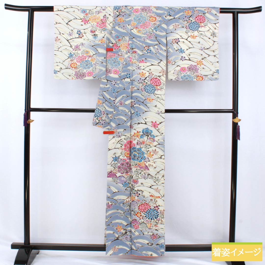 Visiting Kimono, Pure Silk, Grade A, Lined, Length 158cm, Sleeve Length 65cm, Navy Blue, Kyoto Bingata Flower Design, Blue Basting Thread Included, Product Number: 1112007023317
