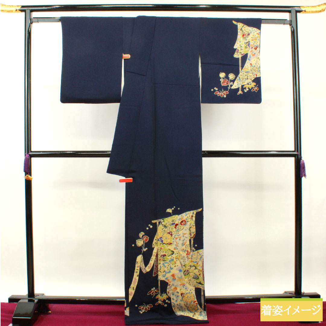 訪問着 正絹 袷 身丈172cm 裄丈67cm 濃紺色 辻ヶ花 Sランク 紺系 1112003572618