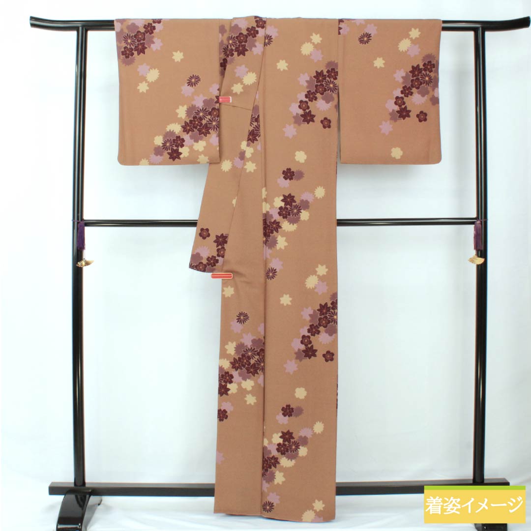 Small pattern, polyester, length 164.5cm, sleeve length 66.5cm, lined, hunting tiger brown (rakko brown), fukiyose, washable kimono, S rank, brown, 1115005802414