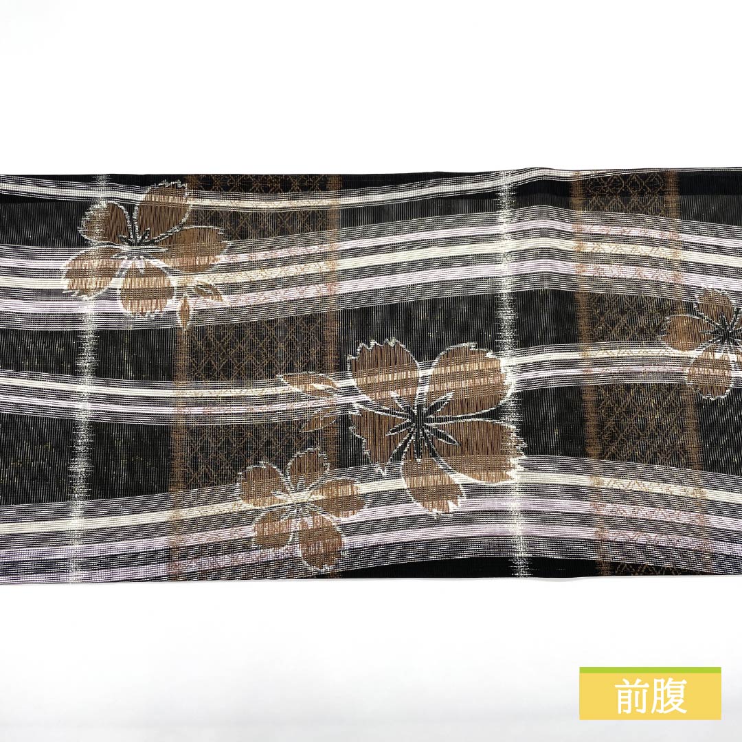 Nagoya obi, pure silk, reversible, lattice pattern, cherry blossom pattern, summer obi, obi length 370cm, S rank, full length, semi-formal, black, 1124006802310, open style