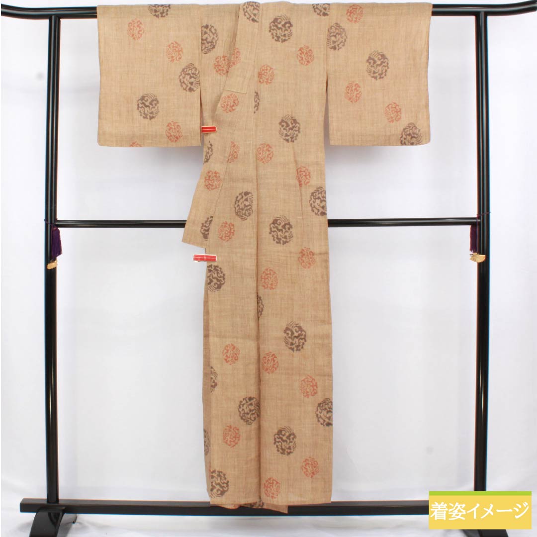 夏物 麻 紬 身丈151.5cm 裄丈63.5cm 胡桃色(くるみいろ) 抽象模様 横双絣 紗 Sランク 茶系 1132002692214