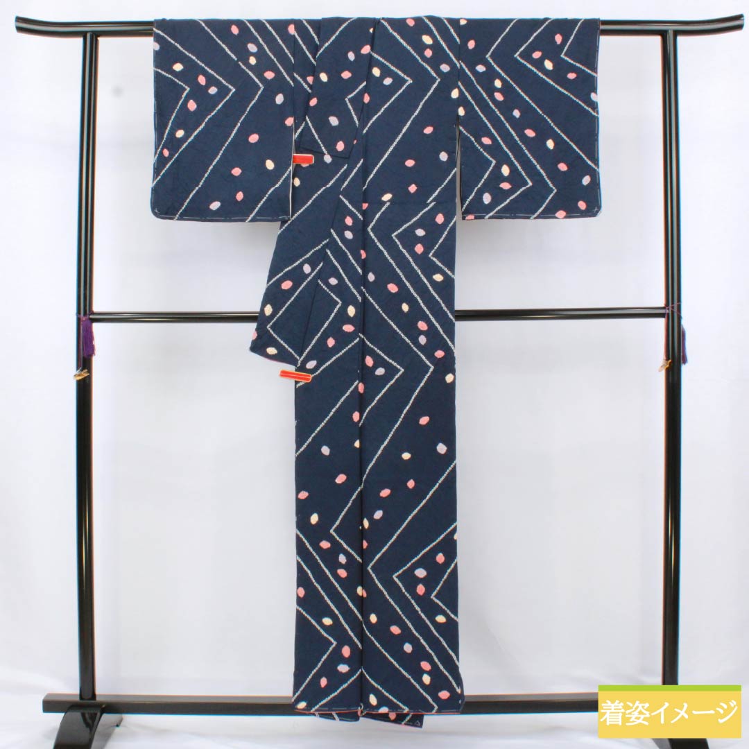 Komon silk S-rank kimono, length 154.5cm, sleeve length 62.5cm, lined, dark navy blue (noukon-iro), with lines, koboshi-shibori (small hat tie-dyeing) pattern, basting thread included, navy blue, product number 1115006762218