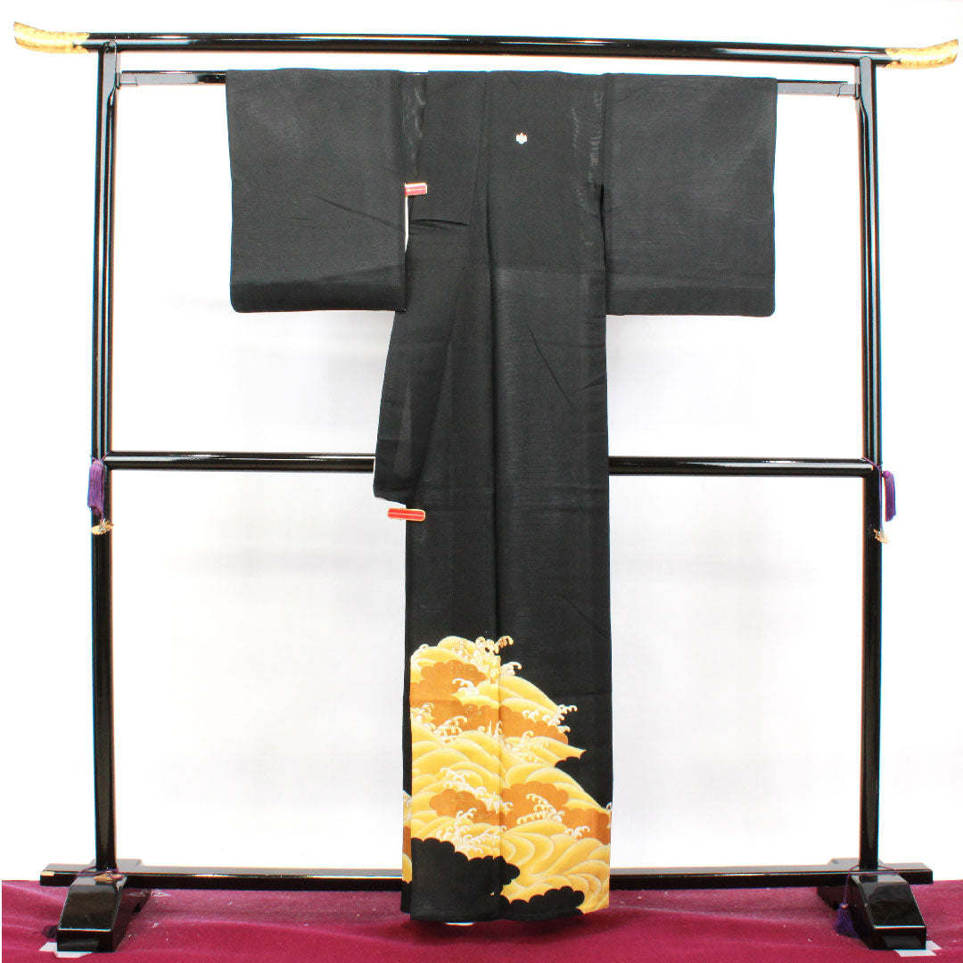 Summer polyester black formal kimono, length 159.5cm, sleeve length 66cm, wave pattern, washable kimono, Gosankiri, silk, B rank, black, 1132001474310