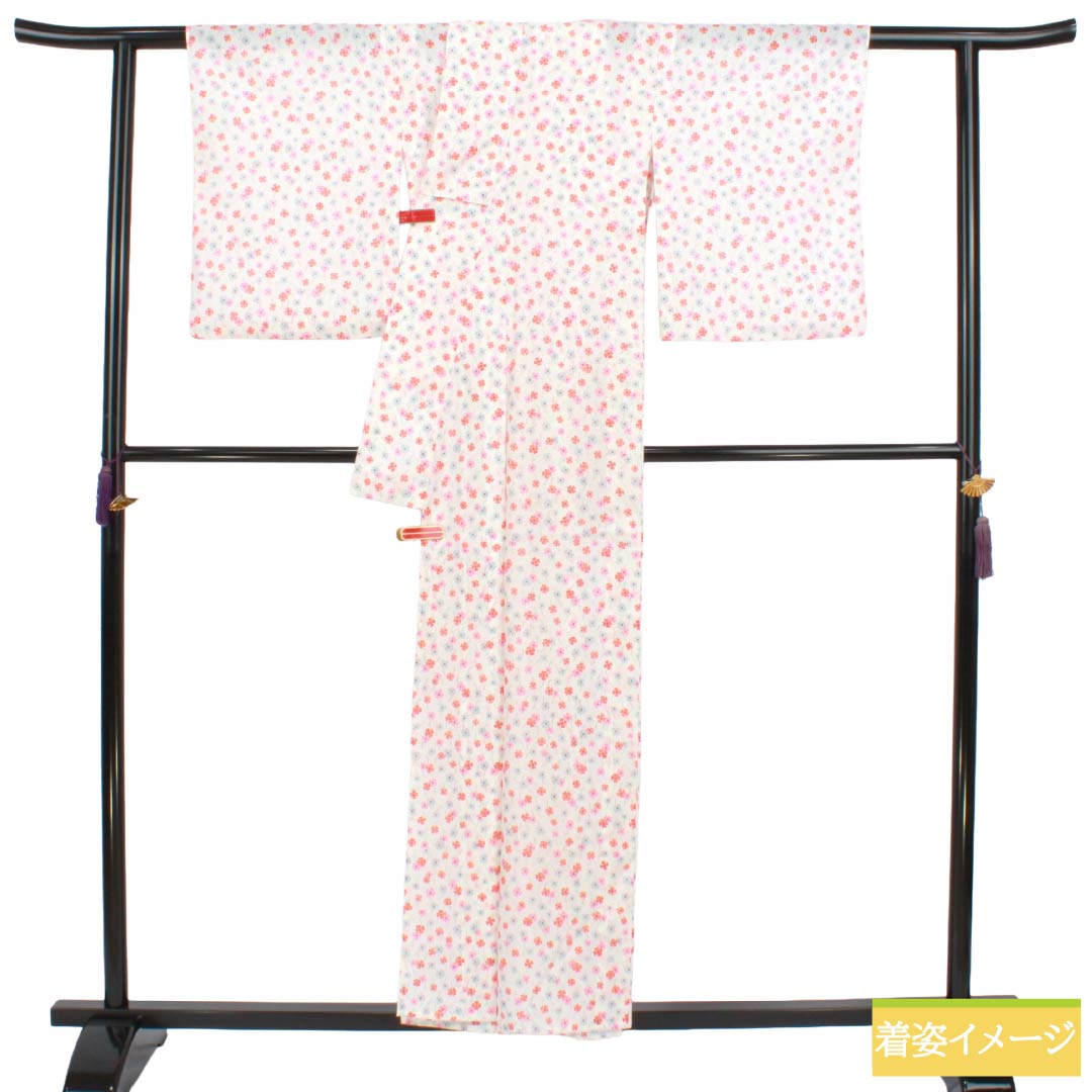 夏物 ポリエステル 小紋 Aランク 身丈156cm 裄丈62.5cm 型染 小花 洗える着物 絽 白系 1132004973311
